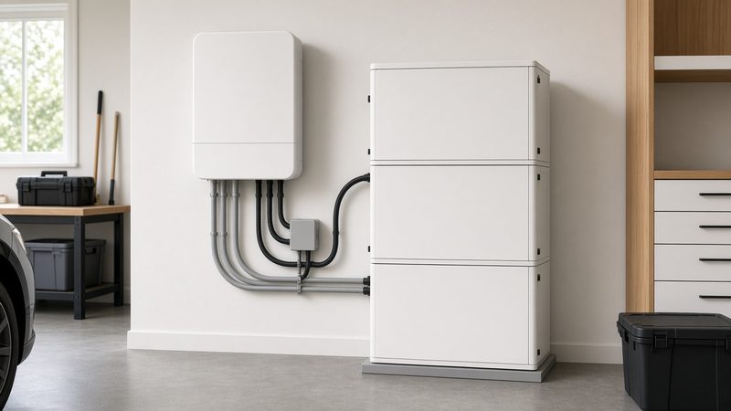 Omvormer en modulaire thuisbatterij aan de muur van een technische ruimte