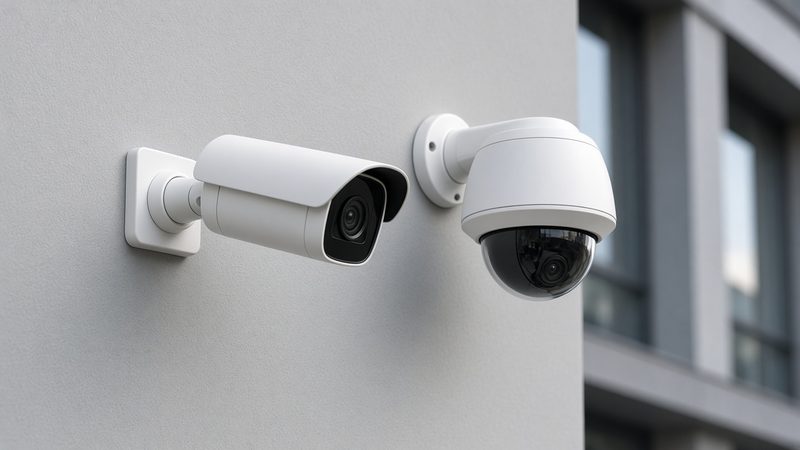 Witte bewakingscamera's aan de gevel van een bedrijfsgebouw